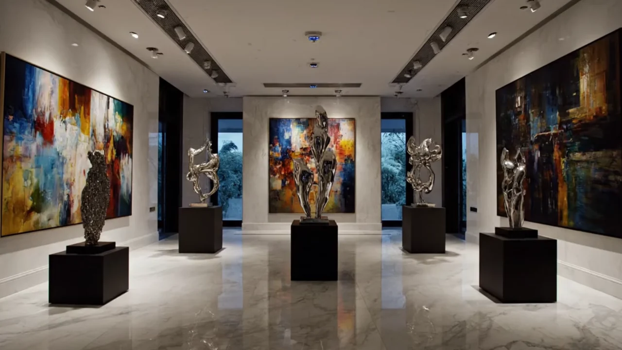 Luxury fortified residence interior at night with reinforced windows, surveillance integration, and warm ambient lighting